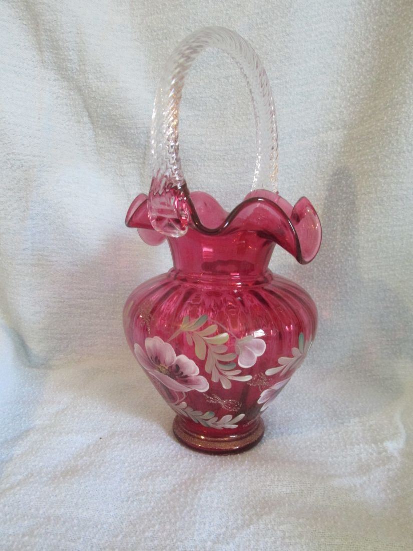 1996 Fenton Handpainted Cranberry Glass Basket