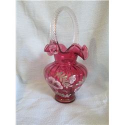 Fenton 95th year Glass Legacy Collection Cranberry basket with clear handle hand painted and signed 