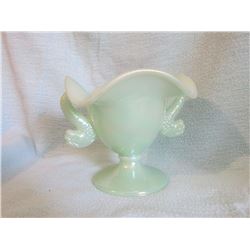 Fenton  Fish handled bowl Seafoam green 5” tall; Fenton Burmese rose bowl footed 4” tall and 5” diam