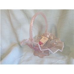 Fenton Basket Pink iridescent embossed leaf design 9” h; Fenton bell Frank Fenton featured on the d