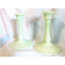 Fenton pair of candlesticks seafoam green swirl design 7” tall