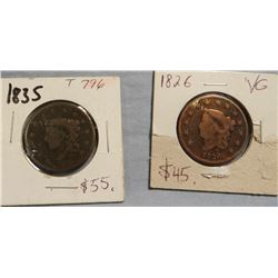 2  large cents, 1826 and 1835