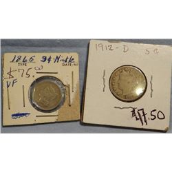 1865 3 cent nickel and 1912 D 5 cent nickel
