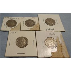 5 Buffalo nickels, 1915 P, 1927 D, 1924 P, 1930 S, 1936 P