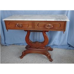 Walnut side table, marble top, carved rose drawer handles, lyre pedestal