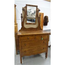 Oak dresser w/ mirror, 65”h x 36”w x 18”d