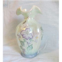 Fenton 7 ½” vase Historical Collection; Fenton pitcher, Blue New Century Collection hp. Signed by Bi