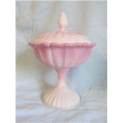 Fenton Rosalene Candy dish with lid no chips 10”; Fenton 8” vase Indigo Marigold