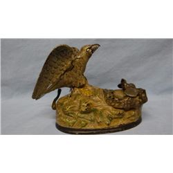 Eagle and Eagletts vintage mechanical bank original vintage J & E Stevens, ptd. 1883, 6”h x 8”w, gol