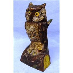 Owl Turns Head vintage mechanical bank, original J & E Stevens, ca. 1880, 7”h x 4”w, working