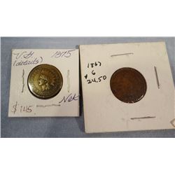 2 Indian Head pennies, 1875 VG; 1867