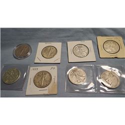 8 Walking Liberty half dollars, assorted dates, 1920-1945