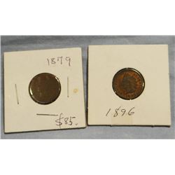 2 Indian Head pennies, 1879 & 1876