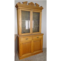 Oak china cupboard / cabinet, glass front & shelves, sculpted crown, 93”h x 48”w x 17.5”d