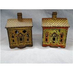 2 cast iron house banks, 5"h