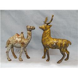 2 cast iron banks, camel and stag