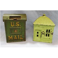 2 cast iron banks, US Mail (Arcade paper label) and House bank, 4" h