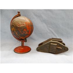 2 cast iron banks, world globe, 5"h, and US tank bank