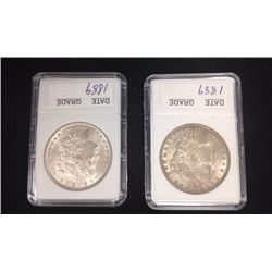2 Morgan dollars, both 1889 P, one coin BU