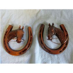 (2) Copper horse shoes with horse heads 6” h & Copper boot wall pocket 8” h