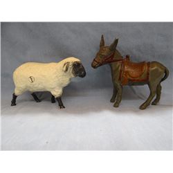 2 vintage cast iron banks, sheep and donkey