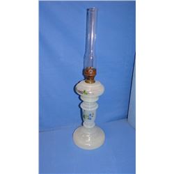 Fancy hand painted vintage oil lamp, original chimney. 26" total height