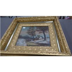Ornate gilded vintage frame with farm scene painting on canvas