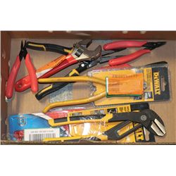 BOX OF MISC DEWALT PLIERS,CUTTERS,CRECENT WRENCHES