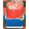 Image 1 : 3 ASSORTED NEW LIFE JACKETS AND COLEMAN COOLER