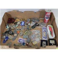 VINTAGE FLAT OF BUCKLES ,KEYCHAINS,MONEY CLIPS &