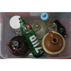CONTAINER WITH VINTAGE MUGS + BOTTLES
