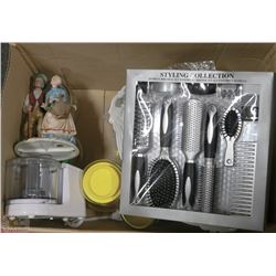 BOX OF ESTATE ITEMS INC NEW HAIRBRUSH SET AND