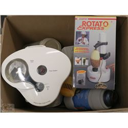 BOX OF KITCHEN ITEMS INC COFFEE GRINDER/MAKER AND