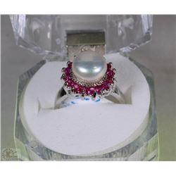 #31-GENUINE WHITE AKOYA PEARL & RED RUBY RING