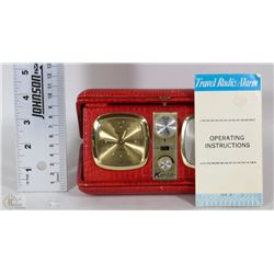 9VOLT VINTAGE TRAVEL RADIO/ALARM CLOCK IN LEATHER