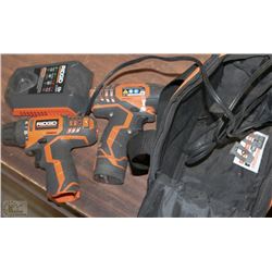 2 RIDGID CORDLESS DRILLS W/CHARGER/BAG/ 1 BATTERY