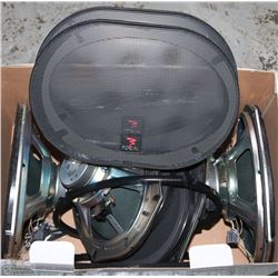 BOX OF CAR SPEAKERS AND COVERS