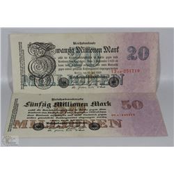 2 UNCIRCULATED GERMAN 1923 50 MILLION AND TWENTY