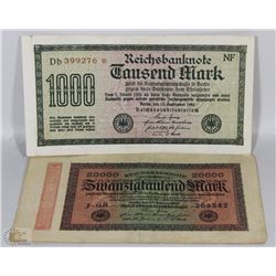 2 UNCIRCULATED GERMAN 1923 TWENTY THOUSAND &