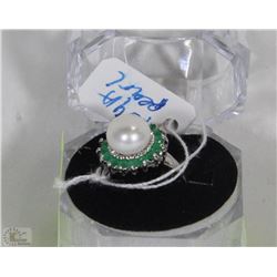 #34-GENUINE WHITE AKOYA PEARL/EMERALD RUBY RING
