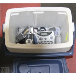 SMALL CAMP COOLER WITH LABELS MAKERS, CELL PHONES