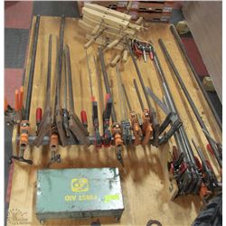 LOT OF 39 ASSORTED CLAMPS ON BOARD WITH HOLDER