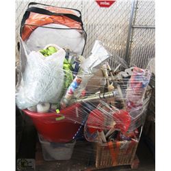 PALLET OF WRAPPING PAPER, SPORTS EQUIPMENT AND