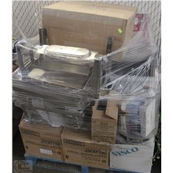 PALLET WITH CHAFING DISHES, DISHES ETC