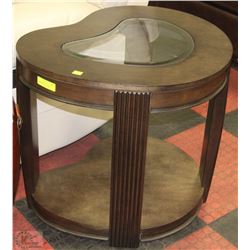 KIDNEY BEAN SHAPED WOOD TABLE WITH GLASS INSERT