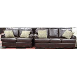 NEW BROWN LEATHERETTE NAILHEAD SOFA AND LOVESEAT