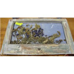 FOLK ART DRIED FLOWERS IN ANTIQUE WOODEN WINDOW