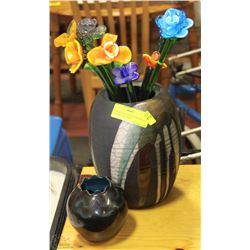 POTTERY VASE SIGNED WITH GLASS FLOWERS AND SMALL