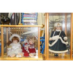 VINTAGE BISQUE DOLLS IN 2 CUSTOM WOODEN DISPLAY
