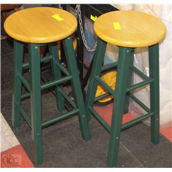 PAIR OF WOOD AND GREEN BAR STOOLS